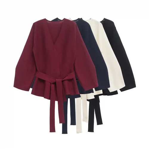 TRAF 2025 Women Fashion Shoulder Pad Belt Knit Blazer Women Retro V-neck Long Sleeve Versatile Female Coat 9598/128 1