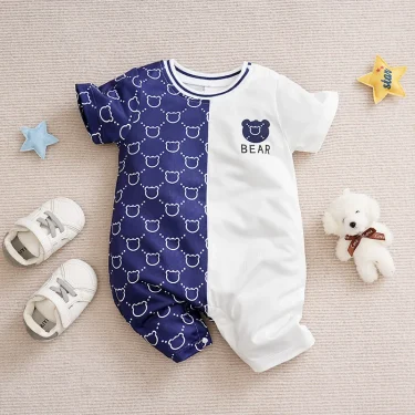 Newborn Clothes Cute Cartoon Patchwork Teddy Bear Comfortable And Soft Summer Boys And Girls 0-18 Short Sleeved Baby Jumpsuit 4