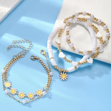 8pcs Vintage Daisy Flower Pendant Bracelet Set for Women Bohemian Beaded Enamel Star Heart Pearl Bangles Trendy Jewelry Gifts 6