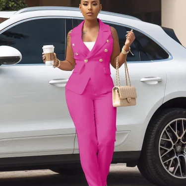 2022 Women Summer Sleeveless Notch Neck Blazers Long Pants Suit Two Piece Set Vintage Office Lady Tracksuit Outfit Overall 5
