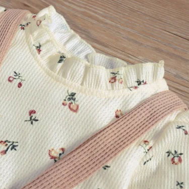 2Pc Kids Baby Gilr Summer/ Spring Long Sleeve Printing Floral Bohemian Suspenders Suit 4
