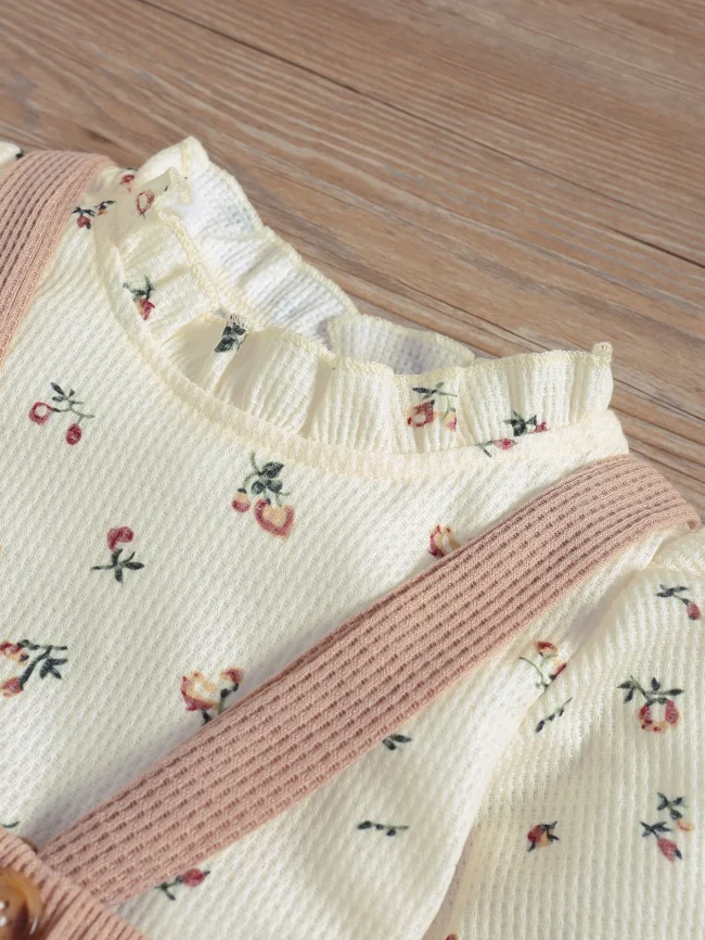 2Pc Kids Baby Gilr Summer/ Spring Long Sleeve Printing Floral Bohemian Suspenders Suit 4