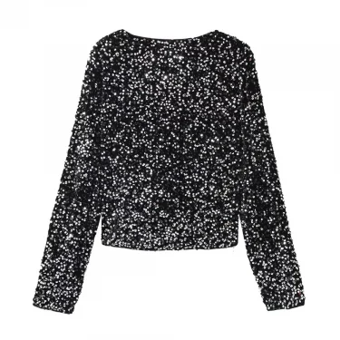UNIZERA Autumn/Winter New Product Women's Fashionable and Stylish Round Neck Long sleeved Bow Tied Sequin Suit Coat 6