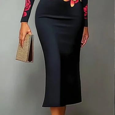 Gymystars Elegant Red Floral Printed Evening Dresses Long Dress Fashion Skinny High Neck Bodycon Vestido Party Robe for Women 3