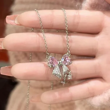 Sweet Pink Bow Necklace Ladies Fashion Sparkling Rhinestone Star Shape Pendant Clavicle Chain Delicate Wedding Accesories 2