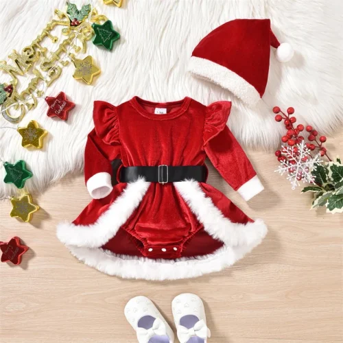 ma&baby 0-18M Christmas Newborn Baby Girls Velvet Romper Long Sleeve Santa Jumpsuit + Hat Xmas Costume Cute Outfits 1