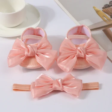 Lovely Baby Girls Shiny Baptism Shoes Headband Newborn Cute Bowknot Mary Jane Flats Set Children First Walker Flat 0-12 Months 4