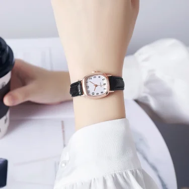 Women's Watch Fashion Square Small Arabic Quartz Watches Leather Band Wristwatches 3