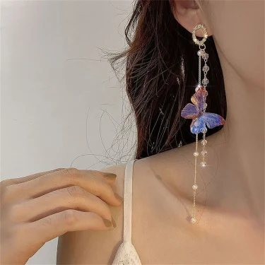 New Luxury Women Zircon Crystal Pearls Long Tassel Butterfly Earrings Stud Dangle Jewelry Gifts 3