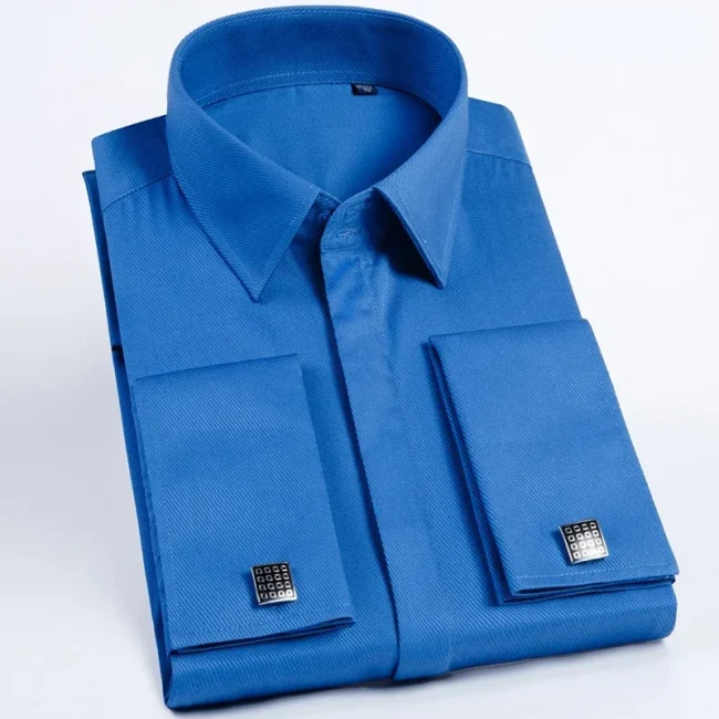 Spring Autumn Men's French Cufflinks Business Dress Shirt Sleeve Pin Solid Color Non-iron Shirts Slim Fit Party Men's Wear 2