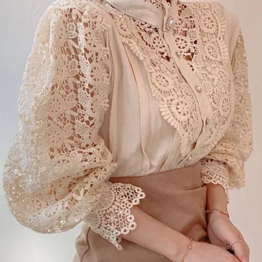 Women Chiffon Button Turtleneck Shirt Chic Elegant Floral Lace Fluffy Long Sleeve Top Fashion Hollow Oversize White Blouse 2024 4