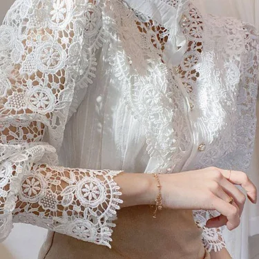 Women Chiffon Button Turtleneck Shirt Chic Elegant Floral Lace Fluffy Long Sleeve Top Fashion Hollow Oversize White Blouse 2024 5