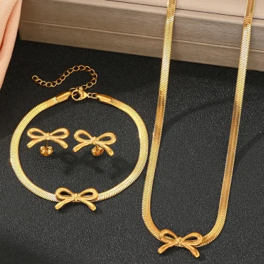 Stainless Steel Jewelry Set Blade Chain Bow Design Bracelet Necklace Earrings 3 Piece Jewelry Set For Women Jewelry Party Gifts 5