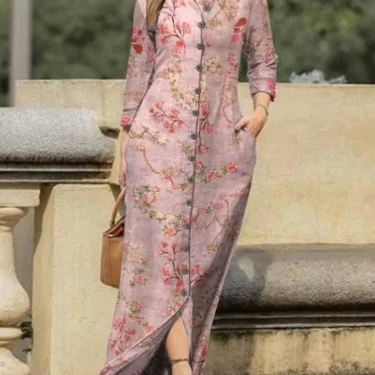 Vintage Flower Print Loose Shirt Dress Autumn Fashion Lapel Collar Button Dress Women Casual Long Sleeve Pocket Maxi Dresses 4