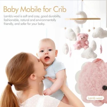 Baby Crib Mobile Rattle Toy 0-12Months Infant Soft Felt Teddy Velvet Pink Bear Bed Bell Hanging Toy Holder Bracket Crib Girl Toy 5