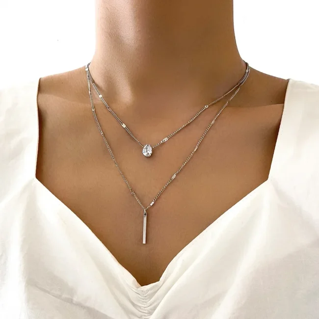 Fashion Multi-layer Necklace For Women Simple Crystal Water Drop Pendant Gold Silver Color Chain Choker Trend Jewelry 6