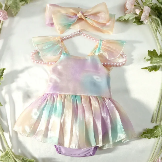 Ylsteed Newborn Girl Photography Props Rainbow Baby Girl Gradient Color Romper for Photo Shoot Pleated Skirt Matching Headband 4