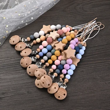 Baby Pacifier Chain Clips Wood Pentagram Teether Silicone Round Beads Teething Chain For Baby Care Soother Chew Toys Shower Gift 1