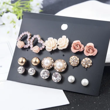 New Fashion Women 9pair/set Flower Pearl Alloy Ear Earring Cute Crystal Wedding Jewelry Gifts For Girl korean fashion 2
