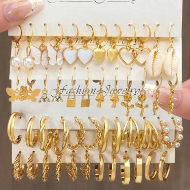 24 Pcs Boho Big Circle Hoop Earring Set for Women Gold Color Bohemia Vintage Pearl Earring Heart Zircon Ear Studs Jewelry Gifts 1