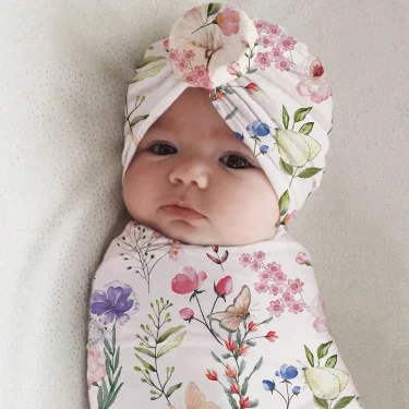 Ylsteed Rose Flower Print Newborn Photography Wrap with Turban Hat Infant Photo Shooting Outfits Baby Receiving Swaddle Blanket 1