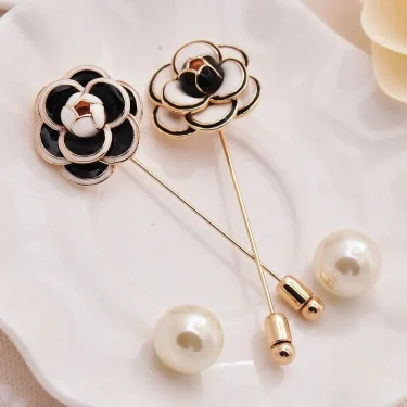 Camellia pin brooch Black White Flower Rose Pearl Female Brooches Accessories 1