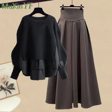 2023 Autumn/Winter New Korean Elegant Splice Fake Two Piece Knitted Sweater Dress Matching Set Women's Chic Pullover Skirt Set 3