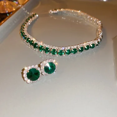 FYUAN Luxury Necklace Earrings Sets Green Crystal Necklace Women Weddings Bride Jewelry Accessories 3