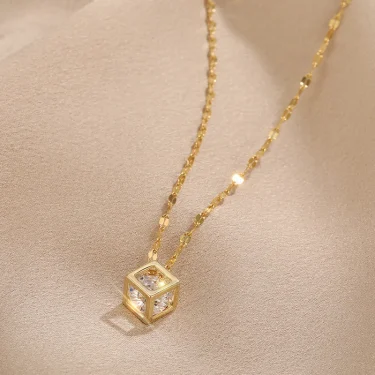 Classic Zircon Crystal Inside Hollow Square Stainless Steel Necklace For Women Korean Fashion Sexy Female Clavicle Chain Jewelry 1