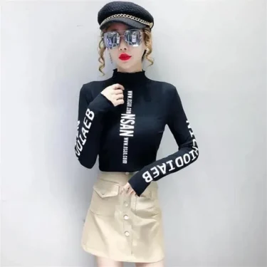 Mid-high-neck Bottoming T-shirt Elastic Inner Ride Femme Tee Tops autumn winter warm letter printing Streetwear Women's T-shirts 4