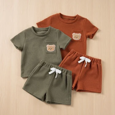 Baby Boy Summer Short Sleeve Suit Waffle Short Sleeve Shorts Two Piece Bear Pocket Casual Set 0-4Y Boy Clothes 1
