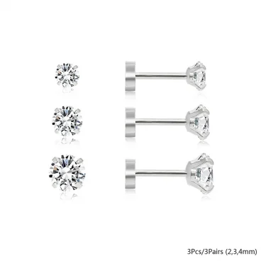 3/5/6/10pcs Hypoallergenic Stainless Steel Flat Back Stud Cartilage Earrings,Cubic Zerconia Daith Tragus Rook Screw Back Earings 2