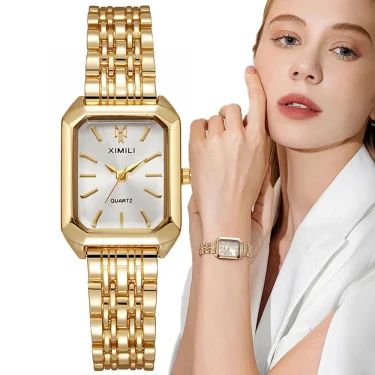 Luxury Ladies Fashion Quartz Watch Simple Scale Square Quality Gold Plated Women Watches Business Stainless Steel Folding Clock 1