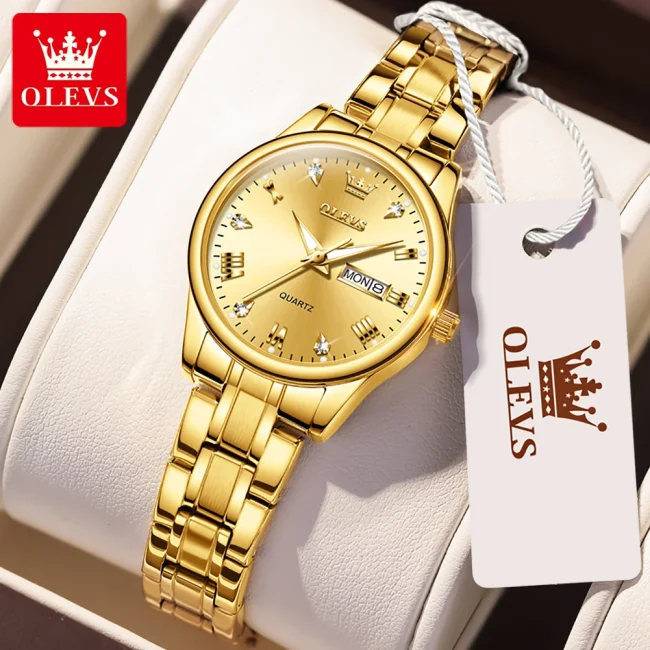 OLEVS Hot Classic Quartz Watch for Women Elegant Dress Luminous Waterproof Week Date Clock Stainless Steel Ladies Wrist watch 1