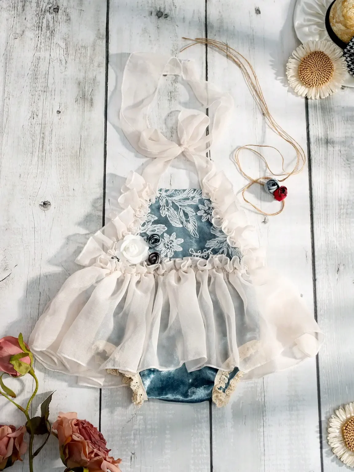 Ylsteed 2 Pcs Set Newborn Chiffon Romper+Headband for Picture Props Infant Rose Lace Outfits for Photo Shooting Baby Girl Props 1
