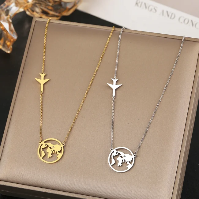 Stainless Steel Necklaces Airplane Globe Map Traveler Pendants Fashion Choker Chains Charms Male Necklace For Women Jewelry Gift 6