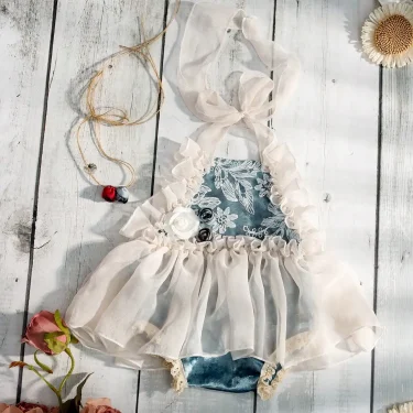 Ylsteed 2 Pcs Set Newborn Chiffon Romper+Headband for Picture Props Infant Rose Lace Outfits for Photo Shooting Baby Girl Props 3