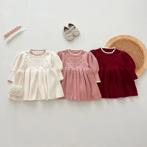 Korean Autumn Winter Baby Girls Dress Cotton Knittted Lantern Sleeve Ruched Princess Toddler Girls Dress Kids Girls Knitwears 1