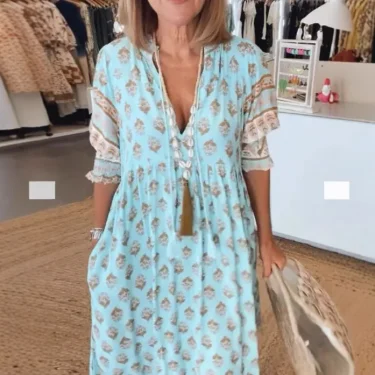 New Fashion Bohemian Lantern Sleeve Dress Spring Summer Women V Neck Beach Long Dress Elegant High Waist Pleated Holiday Dresses 1