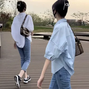 Cotton Mid-sleeve Thin Woman Blous Shir 2024 Summer New Loose Fashion Irregular Shirt Casual Vacation Top Korean Women's Clothes 1