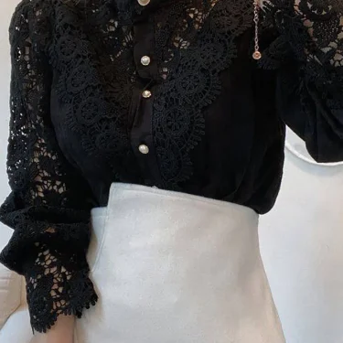 Women Chiffon Button Turtleneck Shirt Chic Elegant Floral Lace Fluffy Long Sleeve Top Fashion Hollow Oversize White Blouse 2024 6