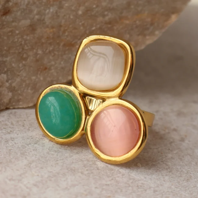 Uself Luxury High-Grade Natural stone Flower Golden Adjustable Ring Fashion 304 Stainless Steel Cast Technology Charm Jewelry 5