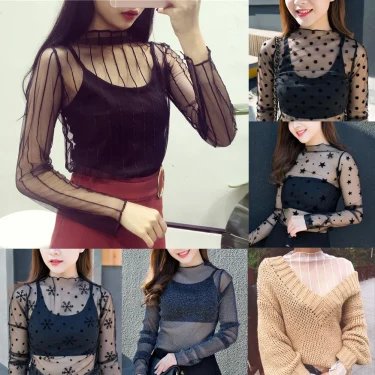 Women Fashion T-Shirts Tulle Mesh Versatile Long Sleeve Ladies Printed Tops Casual Thin Base Blouses Lace Sheer Blouses 2