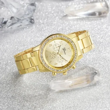 5 PCS Set Gold Watch Women Luxury Ring Necklace Earrings Rhinestone Fashion Wristwatch Female Casual Watches Bracelet Set 5