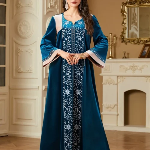 Siskakia Ramadan Dubai Embroidery Patchwork Abaya Luxury For Muslim Women V-Neck Gold Velvet Maxi Dresses 1