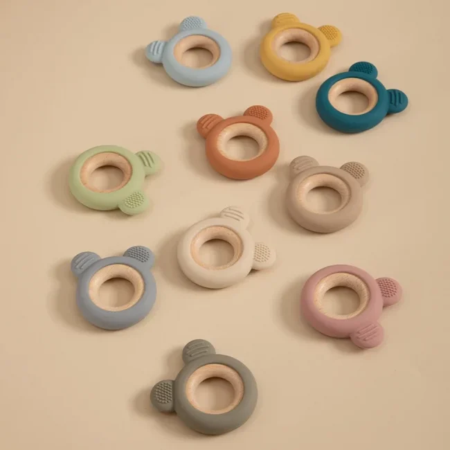 1PC Baby Silicone Wooden Teether Ring Cute Bear Newborn Nursing Teething Toys Infant Health Care Chewing Toy Baby Accessories 6