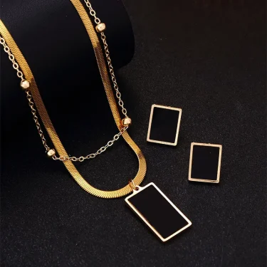 Luxury Stainless Steel Multi-layer Geometric Square Pendant Necklace Earrings for Women Girl Snake Bone Fat Chain Jewelry Set 2