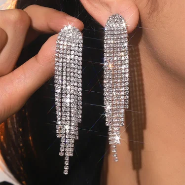FYUAN Fashion Long Tassel Drop Earrings for Women Black Gold Silver Color Rhinestone Dangle Earring Wedding Party Jewelry 4