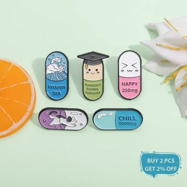 Happy Capsule Pill Enamel Pin Vitamin Sea Pharmacy School Survivor Pharmacist Brooch Badge Jewelry Gift For Medical Student 2