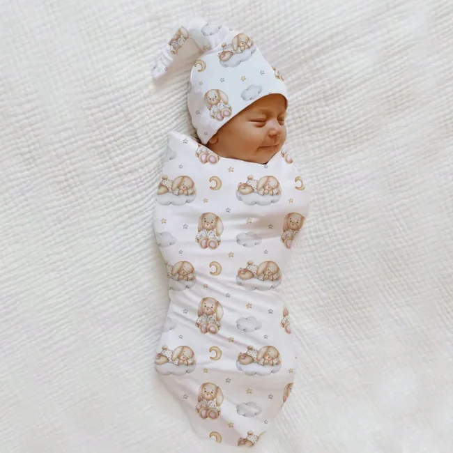 Ylsteed Bear Print Newborn Photography Wrap Blankets Matching With Hats Infant Photography Props Cartoon Picture Shoot Swaddle 1